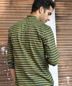PRINTS VALLEY Men's Shirt Ajrakh Madder Green Triangle Stripe Shirt