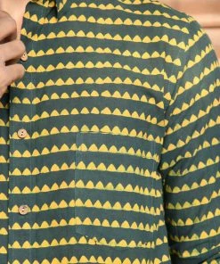 PRINTS VALLEY Men's Shirt Ajrakh Madder Green Triangle Stripe Shirt