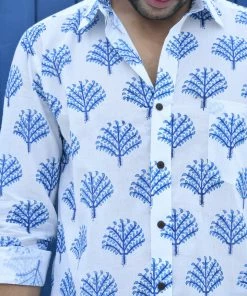PRINTS VALLEY Men's Shirt White Blue Tree Print Shirt