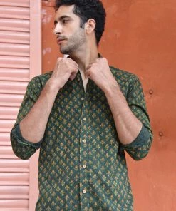 PRINTS VALLEY Ajrakh Madder Green Tulip Shirt