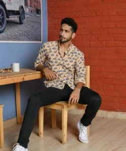 PRINTS VALLEY Men's Shirt Beige Blue Elephant Shirt