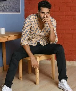 PRINTS VALLEY Men's Shirt Beige Blue Elephant Shirt