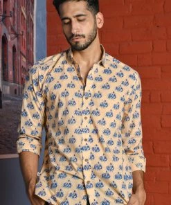 PRINTS VALLEY Men's Shirt Beige Blue Elephant Shirt