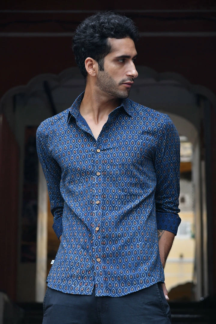 PRINTS VALLEY Ajrakh Blue Pear Motif Shirt 2 PRINTS VALLEY Ajrakh Blue Pear Motif Shirt
