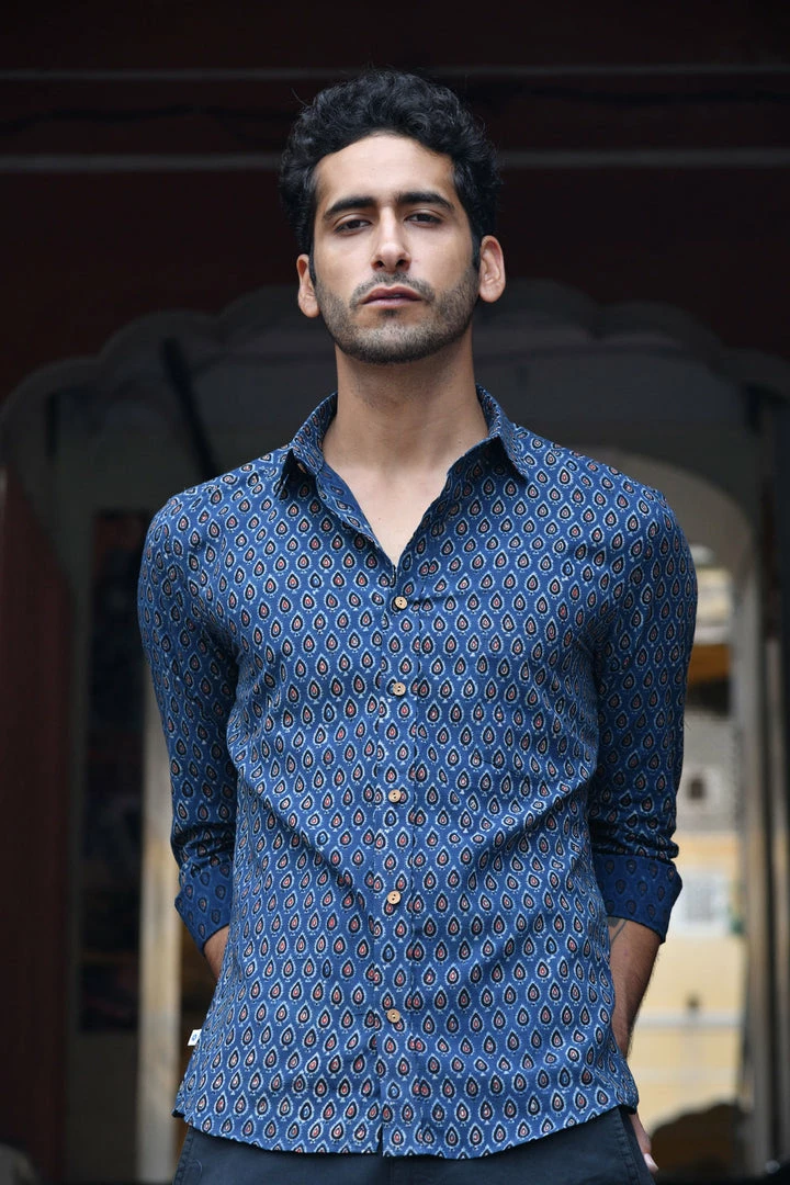 PRINTS VALLEY Ajrakh Blue Pear Motif Shirt 1 PRINTS VALLEY Ajrakh Blue Pear Motif Shirt