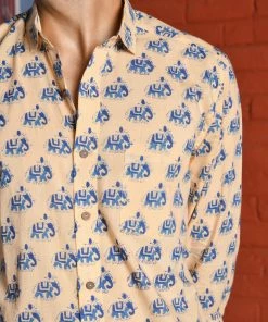 PRINTS VALLEY Men's Shirt Beige Blue Elephant Shirt