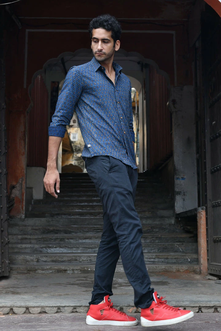 PRINTS VALLEY Ajrakh Blue Pear Motif Shirt 3 PRINTS VALLEY Ajrakh Blue Pear Motif Shirt