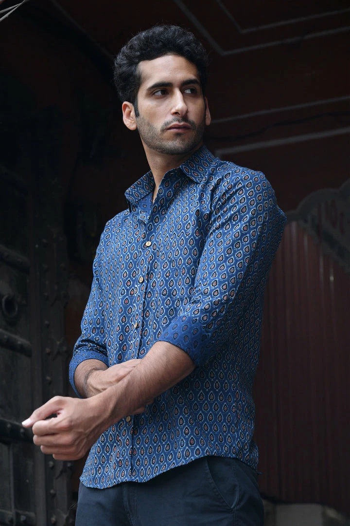 PRINTS VALLEY Ajrakh Blue Pear Motif Shirt 4 PRINTS VALLEY Ajrakh Blue Pear Motif Shirt