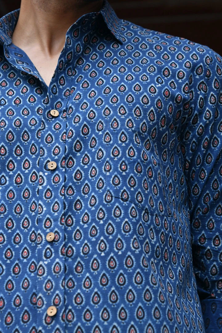 PRINTS VALLEY Ajrakh Blue Pear Motif Shirt 5 PRINTS VALLEY Ajrakh Blue Pear Motif Shirt