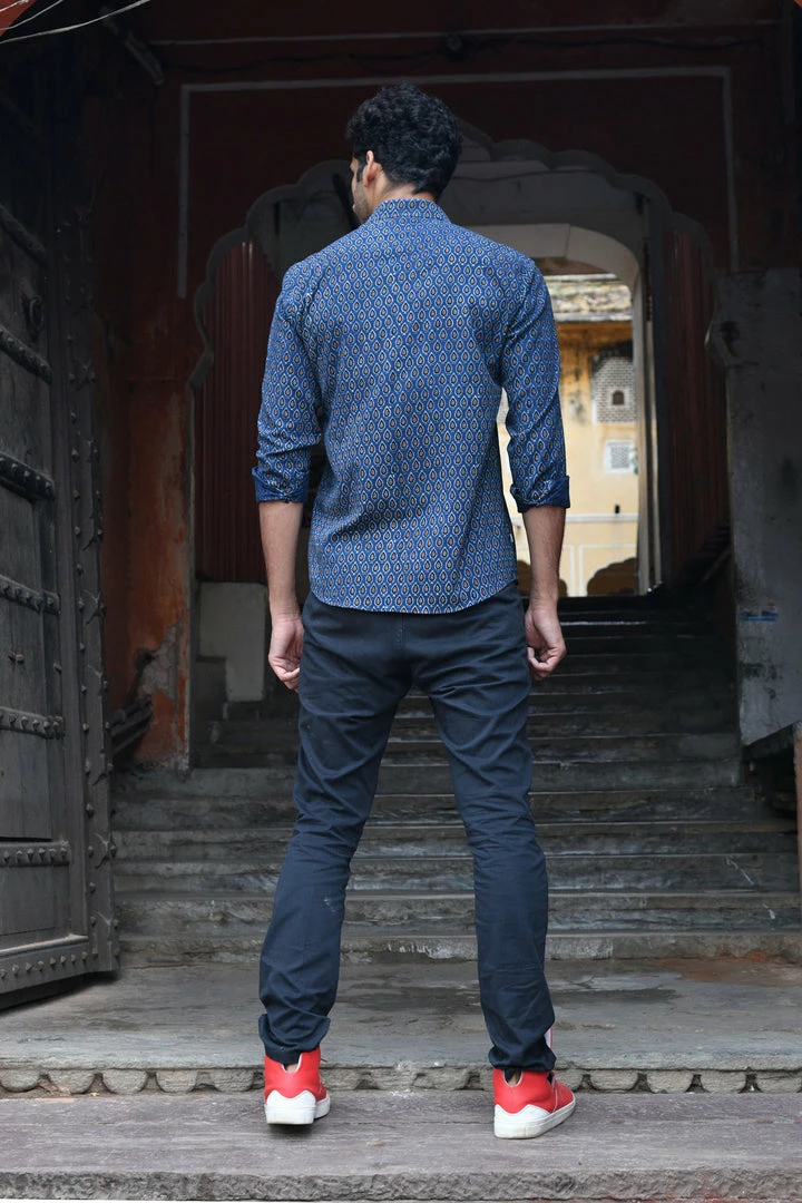PRINTS VALLEY Ajrakh Blue Pear Motif Shirt 6 PRINTS VALLEY Ajrakh Blue Pear Motif Shirt