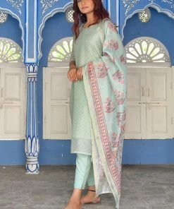 PRINTS VALLEY Jaipur Tales Turquoise Chanderi Print Kurta Set