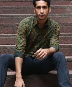 PRINTS VALLEY Ajrakh Madder Green Ogee Arch Shirt