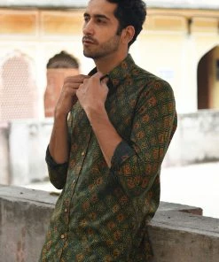 PRINTS VALLEY Ajrakh Madder Green Ogee Arch Shirt