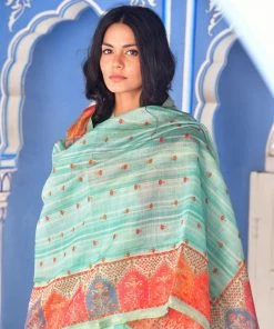 PRINTS VALLEY Jaipur Tales Turquoise Stripe Chanderi Print Kurta Set