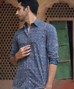 PRINTS VALLEY Men's Shirt Ajrakh Blue Floret Shirt