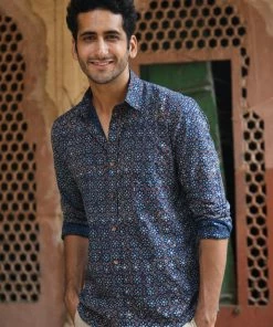 PRINTS VALLEY Men's Shirt Ajrakh Blue Floret Shirt