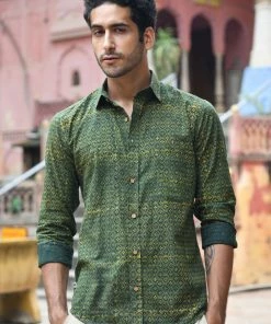 PRINTS VALLEY Ajrakh Madder Green Jaal Shirt