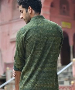 PRINTS VALLEY Ajrakh Madder Green Jaal Shirt