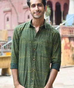 PRINTS VALLEY Ajrakh Madder Green Jaal Shirt