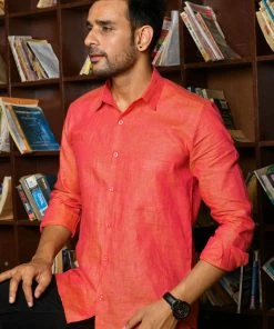 PRINTS VALLEY Men's Shirt Indian Red Linen Shirt