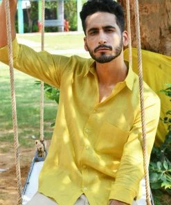 PRINTS VALLEY Yellow Linen Shirt Men's Shirt