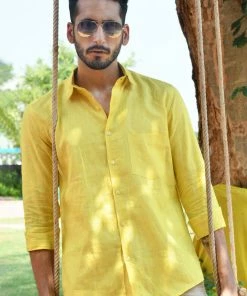 PRINTS VALLEY Yellow Linen Shirt Men's Shirt