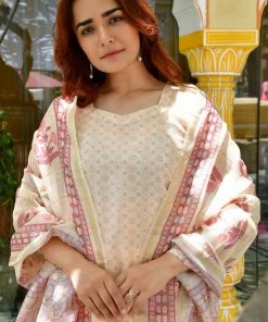 PRINTS VALLEY Pastel Yellow Chanderi Print Kurta Set