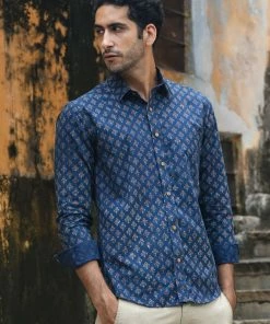 PRINTS VALLEY Men's Shirt Ajrakh Blue Tulip Shirt