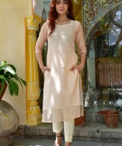 PRINTS VALLEY Pastel Yellow Chanderi Print Kurta Set