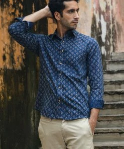 PRINTS VALLEY Men's Shirt Ajrakh Blue Tulip Shirt