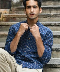 PRINTS VALLEY Men's Shirt Ajrakh Blue Tulip Shirt