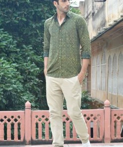 PRINTS VALLEY Ajrakh Madder Green Floret Shirt Men's Shirt
