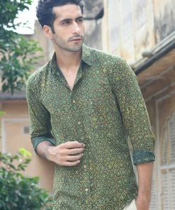 PRINTS VALLEY Ajrakh Madder Green Floret Shirt Men's Shirt