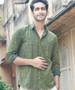 PRINTS VALLEY Ajrakh Madder Green Floret Shirt Men's Shirt