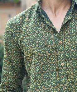 PRINTS VALLEY Ajrakh Madder Green Floret Shirt Men's Shirt