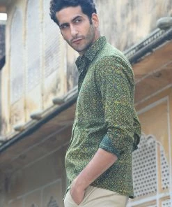 PRINTS VALLEY Ajrakh Madder Green Floret Shirt Men's Shirt