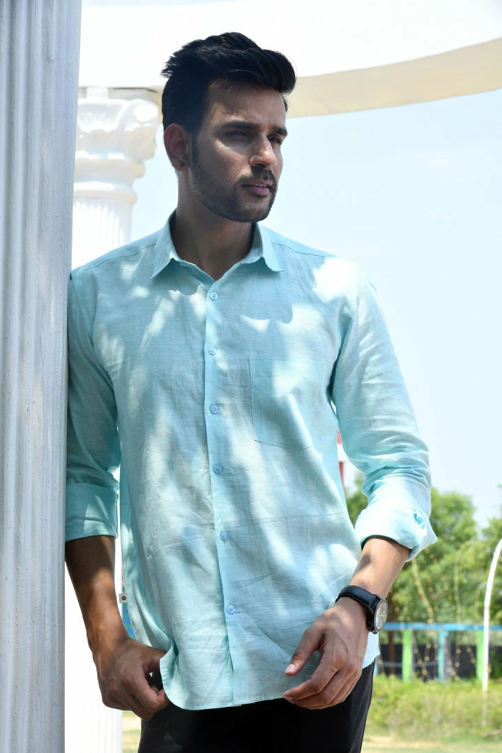 PRINTS VALLEY Pastel Blue Linen Shirt Men's Shirt 1 PRINTS VALLEY Pastel Blue Linen Shirt Men's Shirt