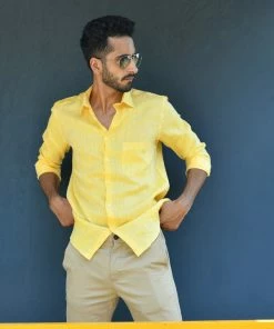 PRINTS VALLEY Lemon Yellow Linen Shirt Men's Shirt