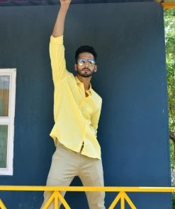 PRINTS VALLEY Lemon Yellow Linen Shirt Men's Shirt