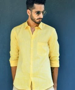 PRINTS VALLEY Lemon Yellow Linen Shirt Men's Shirt