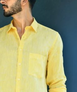 PRINTS VALLEY Lemon Yellow Linen Shirt Men's Shirt