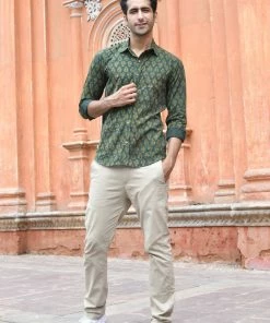 PRINTS VALLEY Ajrakh Madder Green Block Print Shirt