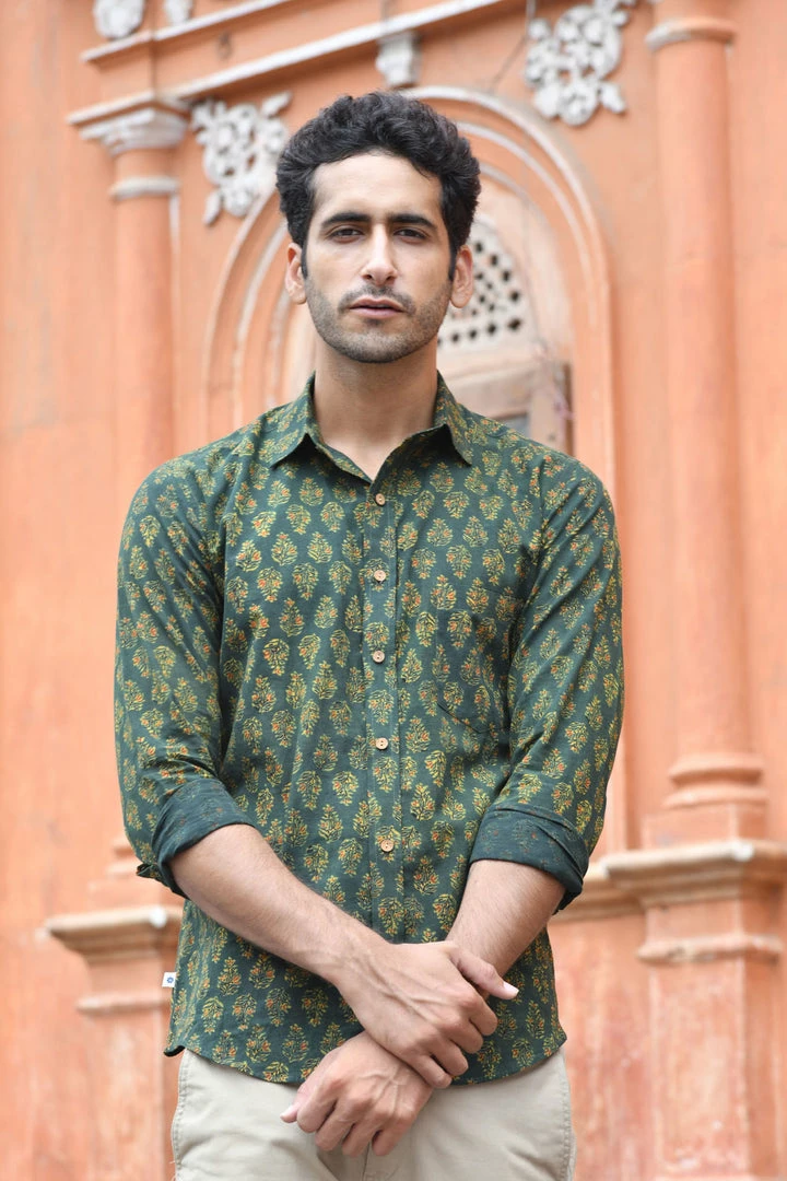 PRINTS VALLEY Ajrakh Madder Green Block Print Shirt 3 PRINTS VALLEY Ajrakh Madder Green Block Print Shirt