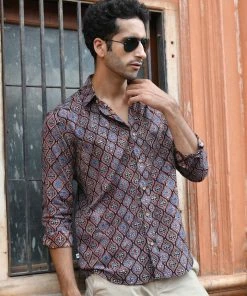 PRINTS VALLEY Men's Shirt Ajrakh Black Ogee Arch Shirt