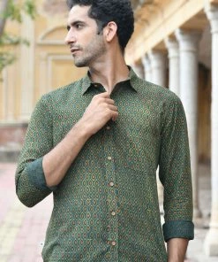 PRINTS VALLEY Men's Shirt Ajrakh Green Pear Motif Shirt