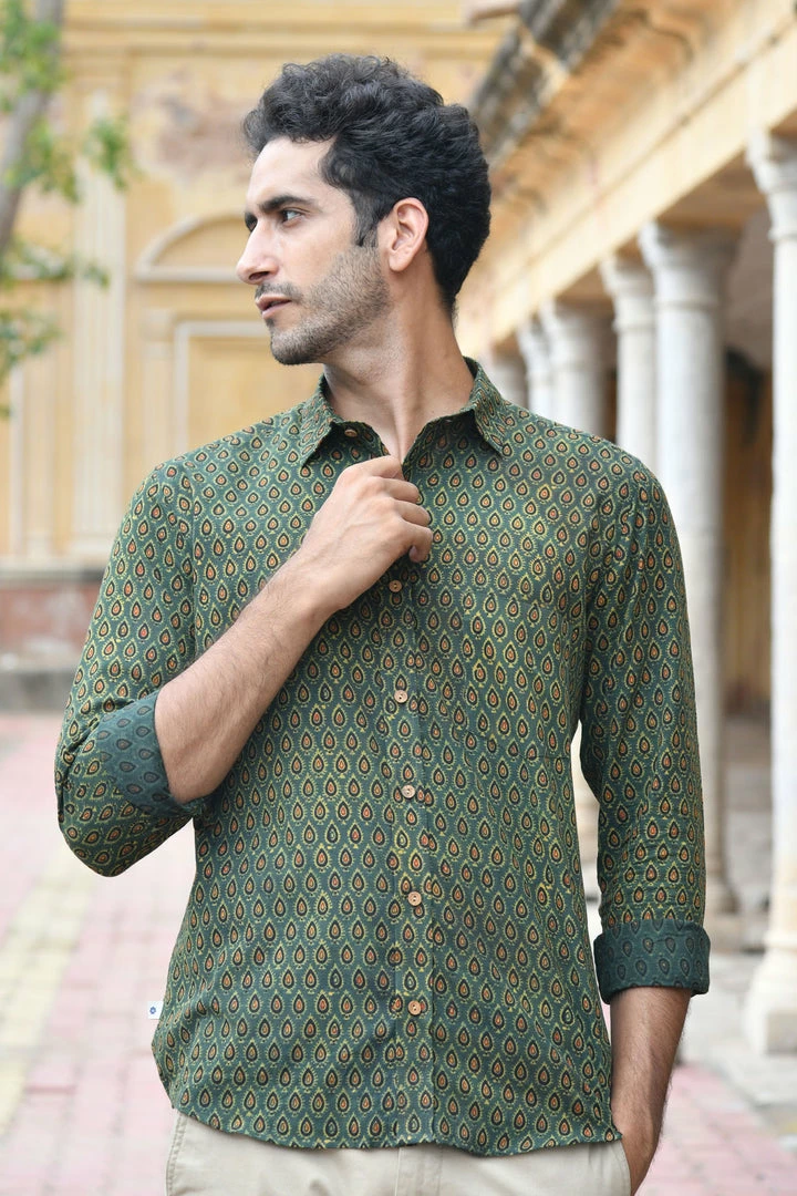 PRINTS VALLEY Men's Shirt Ajrakh Green Pear Motif Shirt 1 PRINTS VALLEY Men's Shirt Ajrakh Green Pear Motif Shirt
