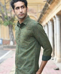 PRINTS VALLEY Men's Shirt Ajrakh Green Pear Motif Shirt 8 PRINTS VALLEY Men's Shirt Ajrakh Green Pear Motif Shirt