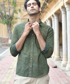 PRINTS VALLEY Men's Shirt Ajrakh Green Pear Motif Shirt 9 PRINTS VALLEY Men's Shirt Ajrakh Green Pear Motif Shirt