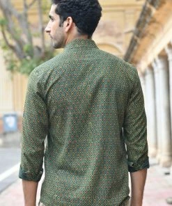 PRINTS VALLEY Men's Shirt Ajrakh Green Pear Motif Shirt 10 PRINTS VALLEY Men's Shirt Ajrakh Green Pear Motif Shirt