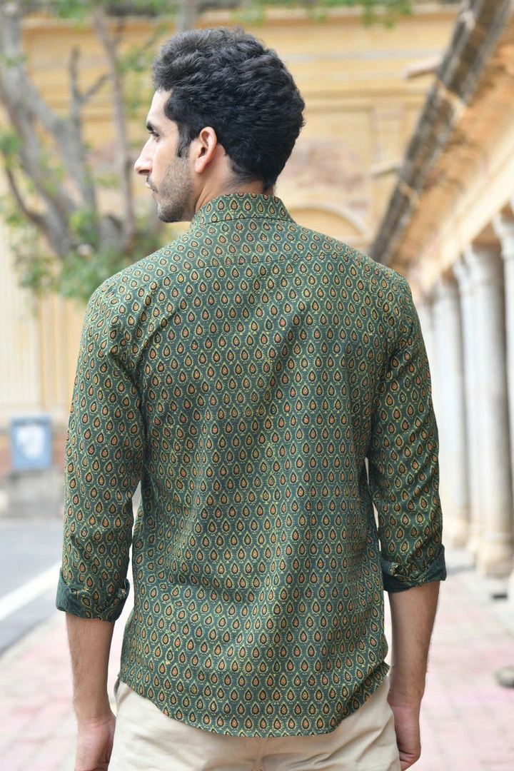 PRINTS VALLEY Men's Shirt Ajrakh Green Pear Motif Shirt 5 PRINTS VALLEY Men's Shirt Ajrakh Green Pear Motif Shirt